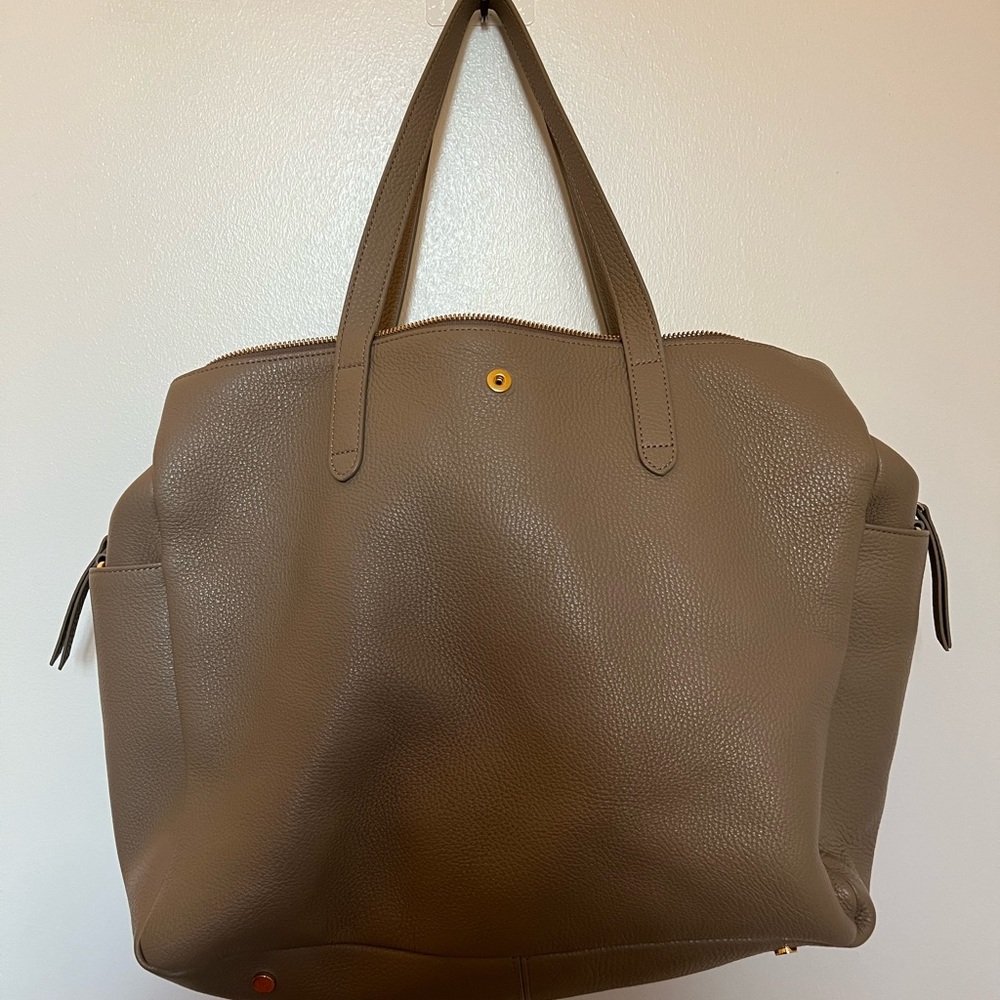 Cuyana Leather Triple Zipper Weekender in Stone